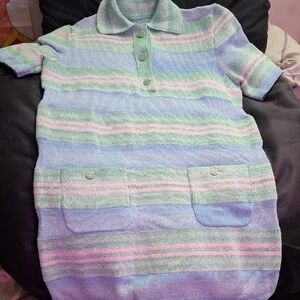 CHANEL Blue and Pink Midi Dress with Textured Striped Pattern